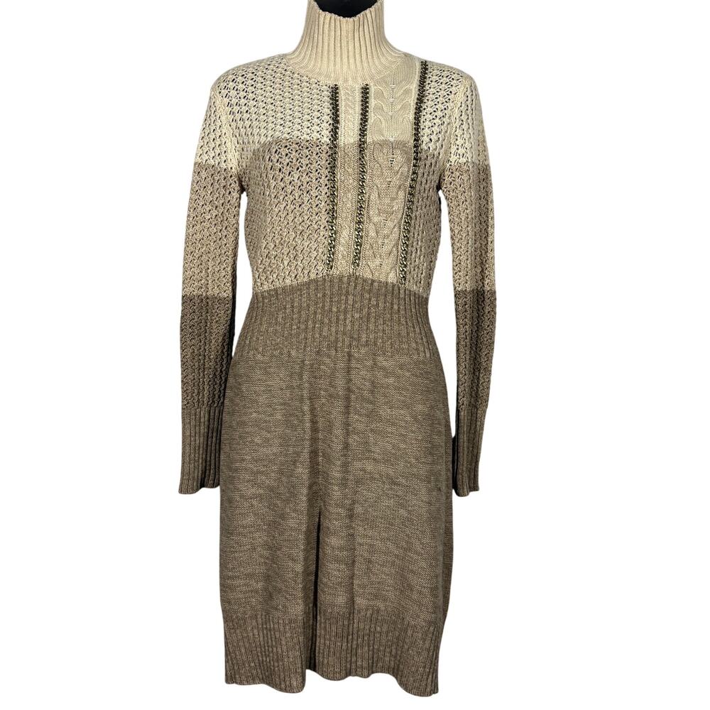 Moda International Chain Accent Sweater Dress Sheath Long Sleeve Tan - S